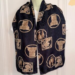 Greek themed Black and Tan Long Scarf with Metallic Gold Threads